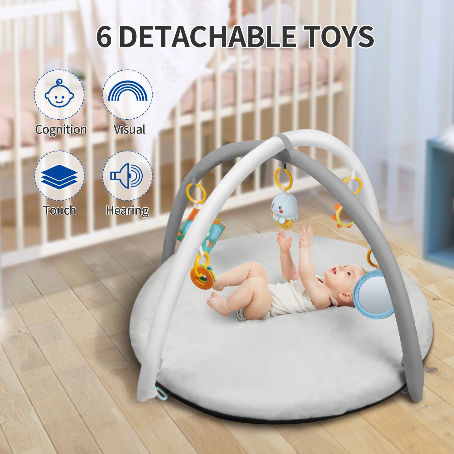Baby Play Gym Mat, Yacul Thick Soft Baby Gym Tummy Time Activity Mat with Detachable Toys, Stage-Based Developmental Activity Gym & Play Mat for Baby to Toddler