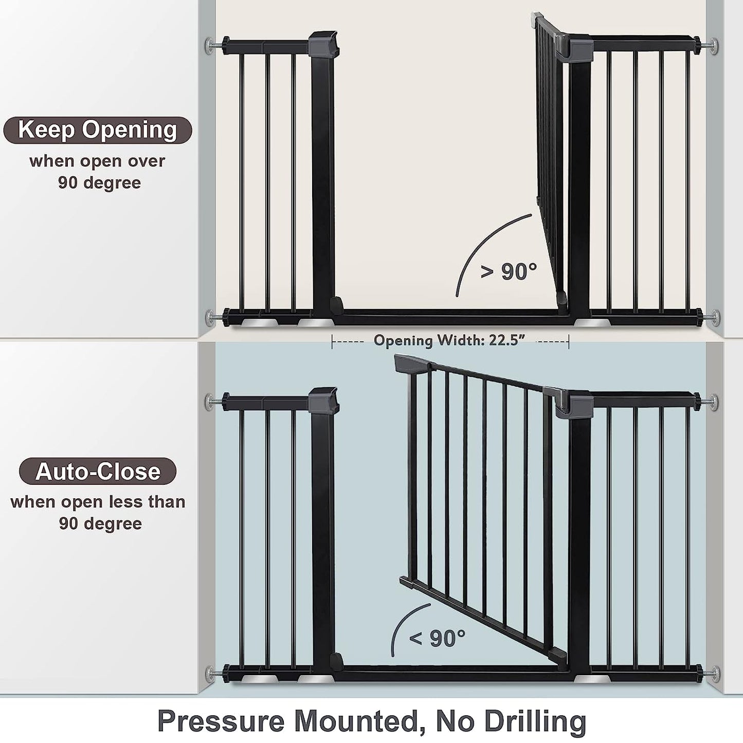 YACUL Baby pet‘s Gate, 29.93"-51.5" Extra Wide Pressure Mounted Gates, Height 30" black