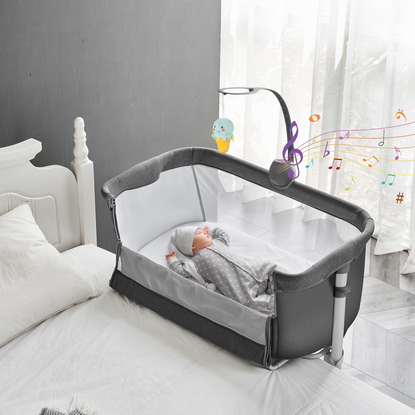 YACUL Baby Bassinet Bedside Crib Music box, Dark Gray