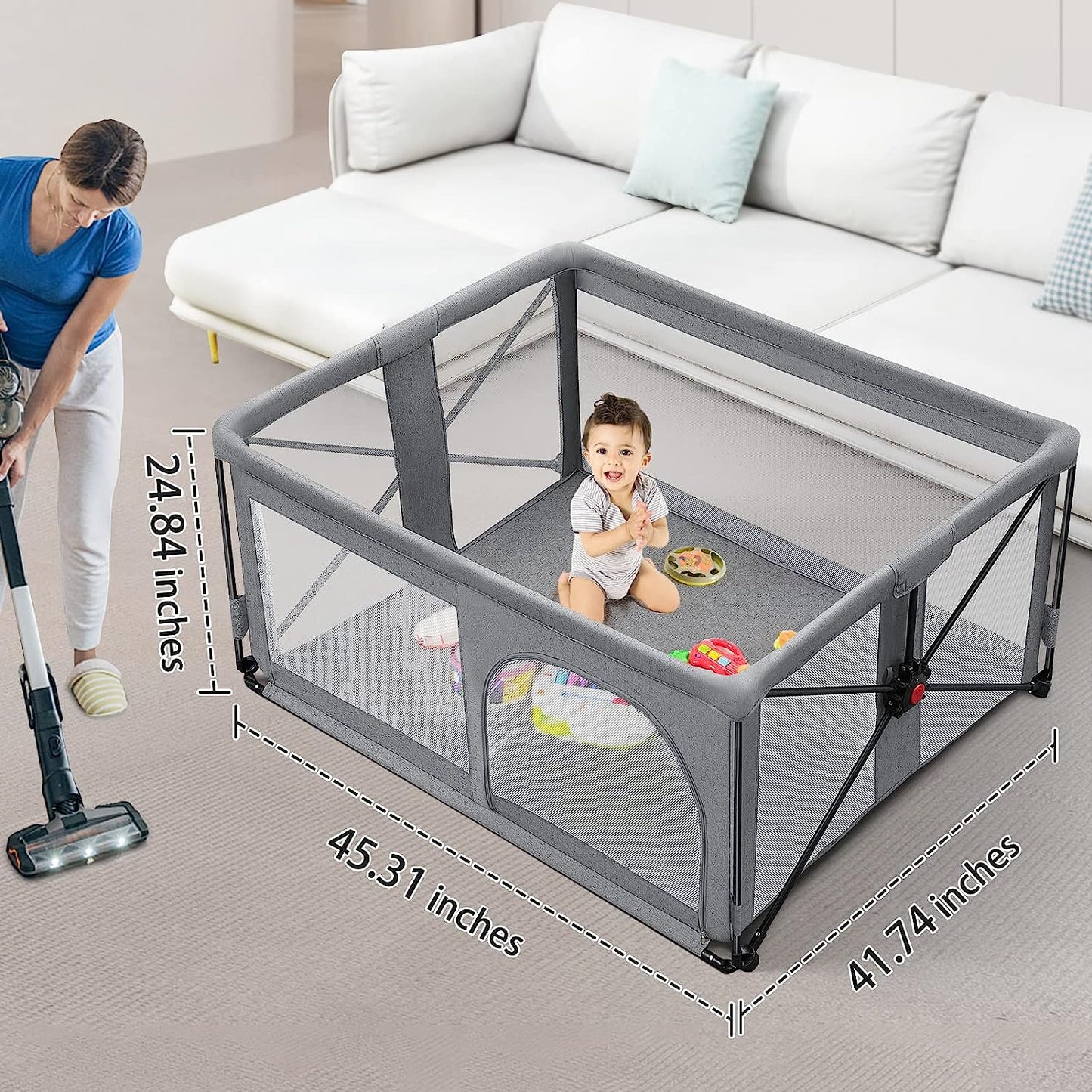 YACUL Foldable Baby Playpen, 42x45x25 Inches, Dark Gray