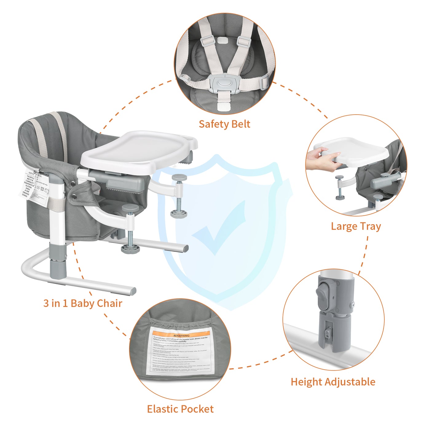Yacul Hook On Chair, Feeding Seat for Table, Clip on High Chair with Tray, Portable and Foldable Baby Floor Seat with Carry Bag for Home, Travel and Camping,